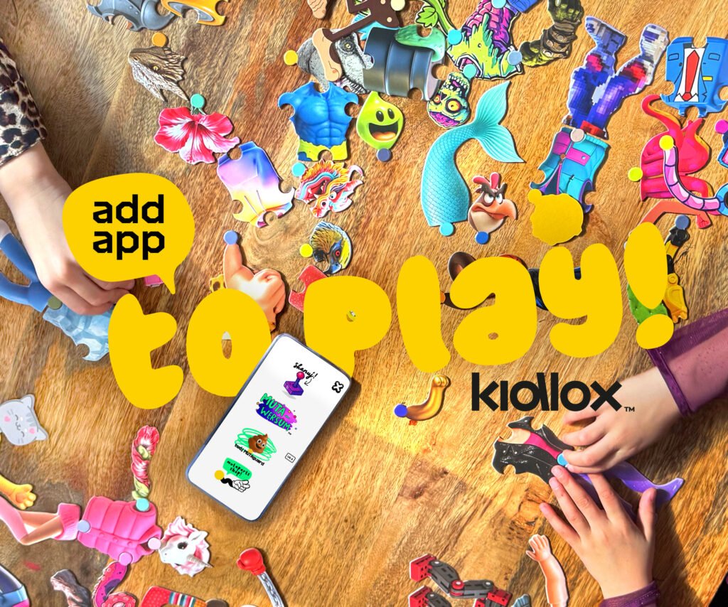 Kreatywna zabawka MUTABOX – dzieci tworzą postacie z tekturowych części puzzle, działa z aplikacją lub bez.